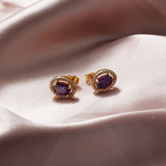 925 Sterling Silver CUBIC ZIRCONIA STUDS, Purple Stone Stud Earrings - Picture 2 of 10